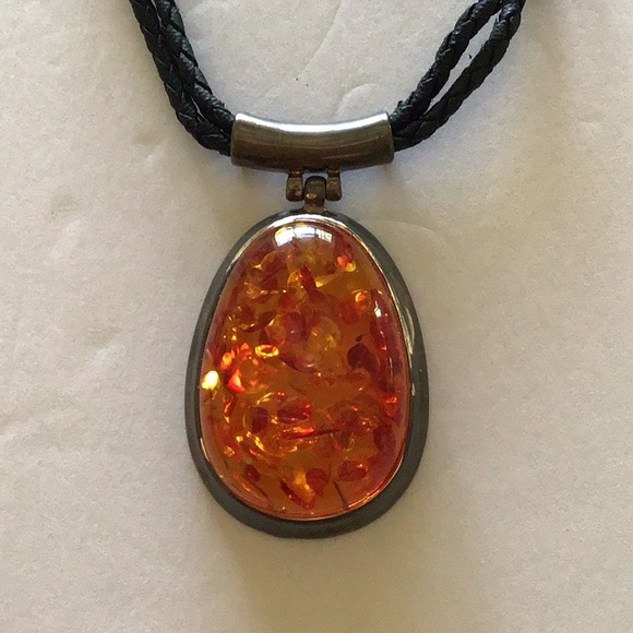 Large ORANGE pendant,Black leatherette braid Cords - Picture 3 of 5